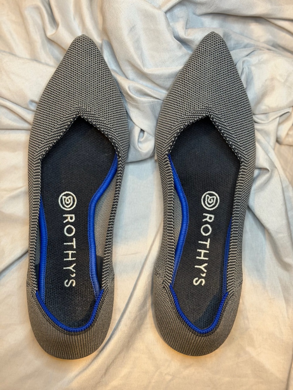 Rothy's Women's Pointed Knit Flats in Gray with Blue Trim
